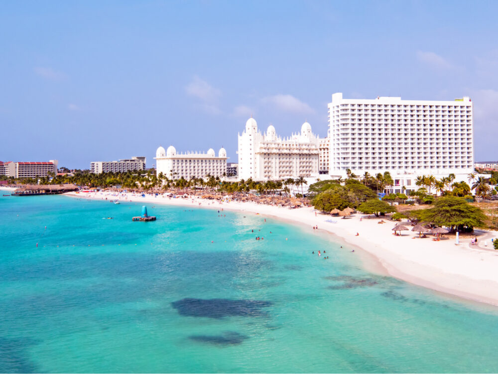 Aerial view of Palm Beach, one of the best beaches in Aruba, on a clear and sunny day