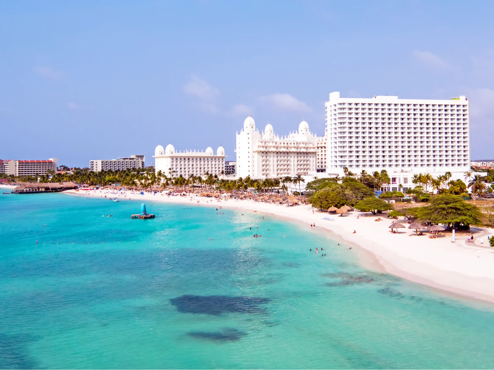 Aerial view of Palm Beach, one of the best beaches in Aruba, on a clear and sunny day