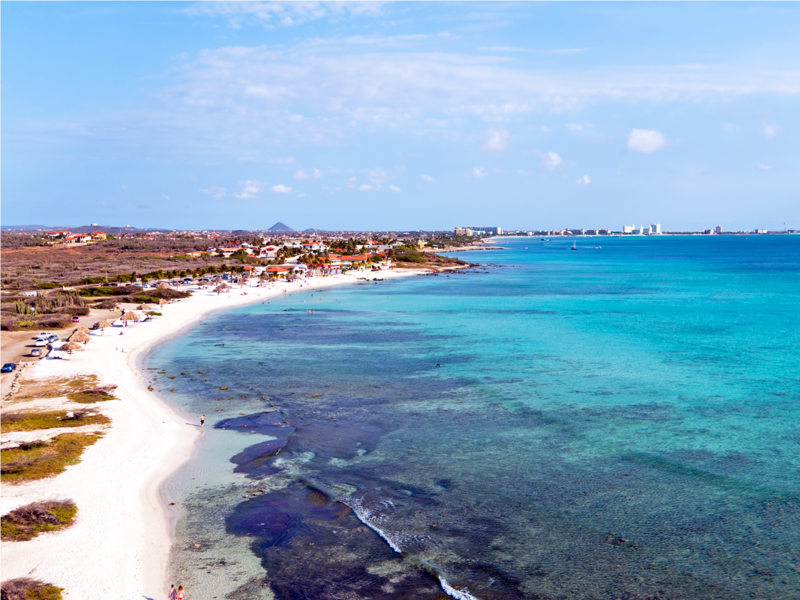 Aerial view of several people waking on the wide sand of Boca Catalina, one of the best beaches in Aruba and the perfect spot for snorkeling due to the offshore coral reef