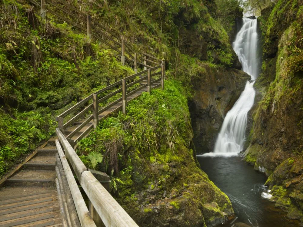 A sloppy fenced trail beside the beautiful Ess-Na-Laragh Waterfall, a scenic trail at Glenariff Forest Park, considered as one of the best hikes in Ireland