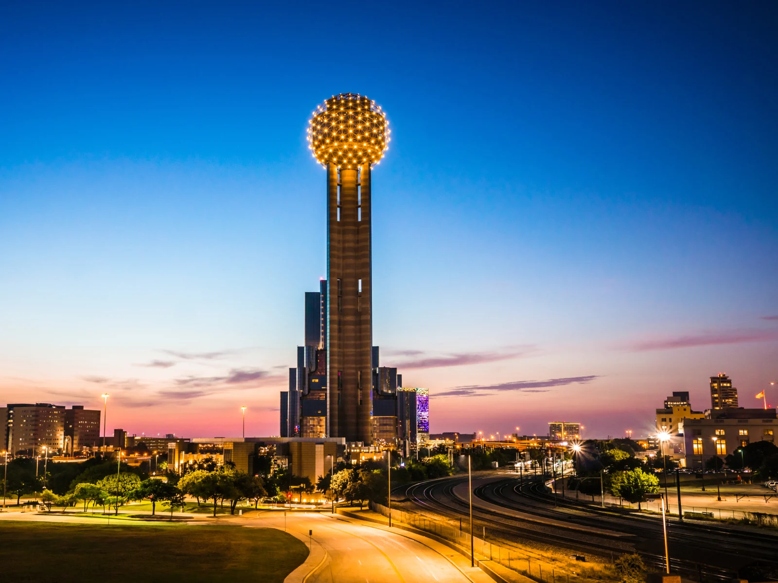 One of the best things to do in Dallas, Reunion Tower, pictured at nightfall