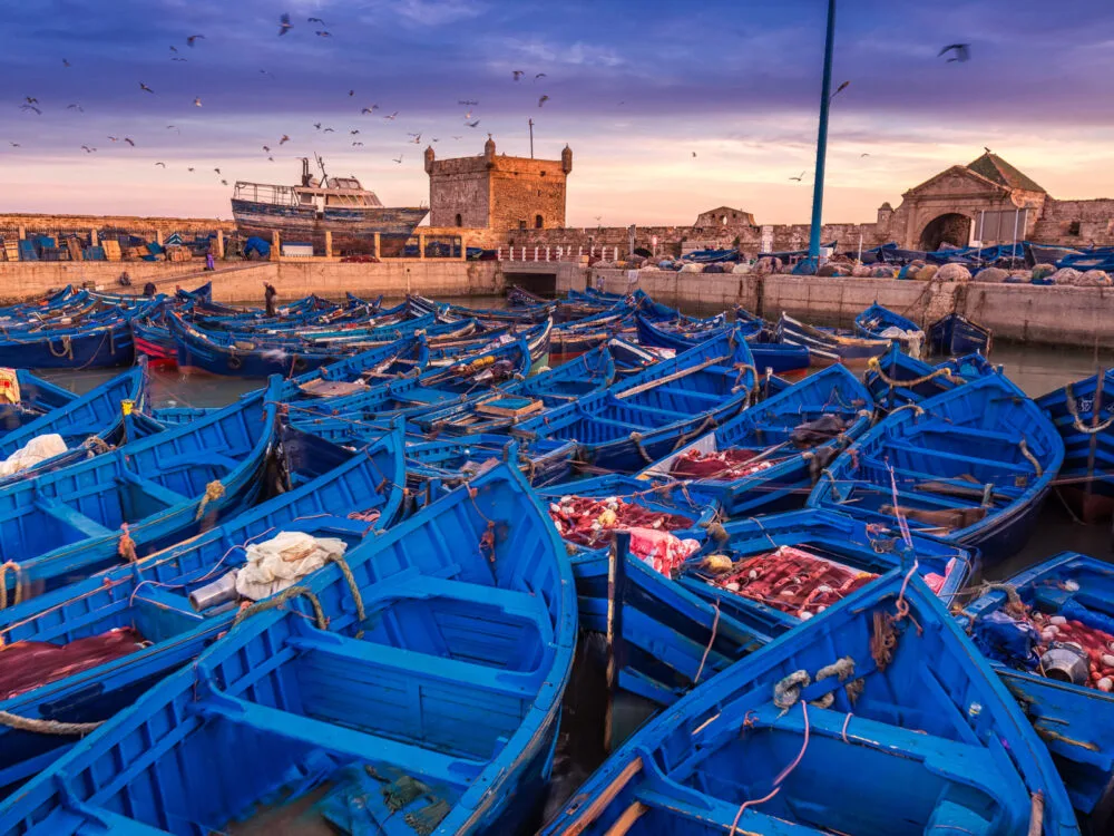 Blue boats in the port of Essaouira to help answer Is Morocco Safe