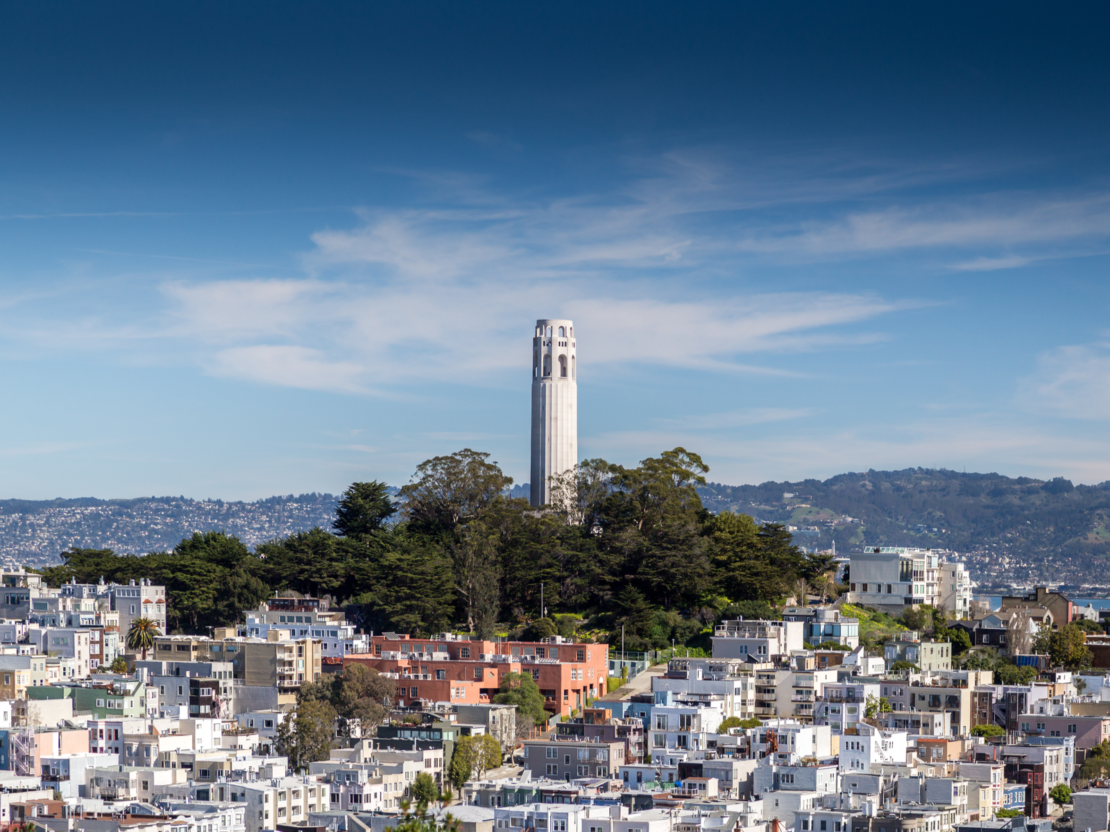 View on the tall cylindrical Coit Tower peaking over a pocket of trees in a downtown, one of the best places to visit in San Francisco