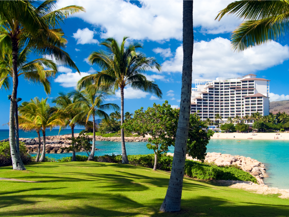 Gorgeous view of one of the best resorts in Hawaii as seen from the bay