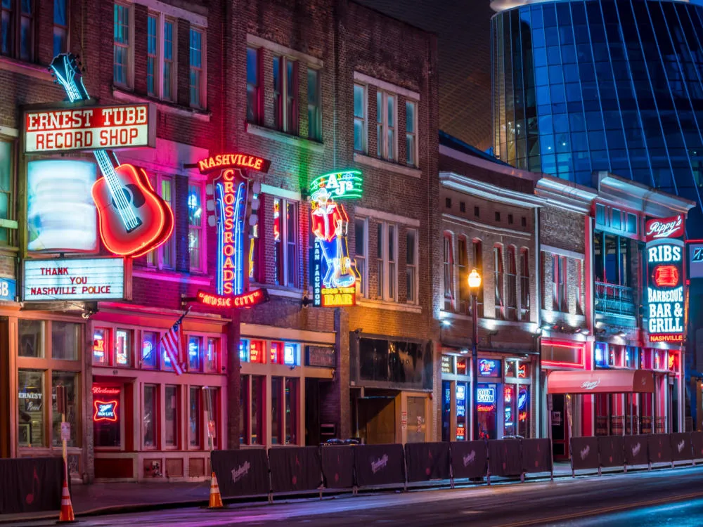 For a piece on the best hotels in Nashville, image of music row in downtown