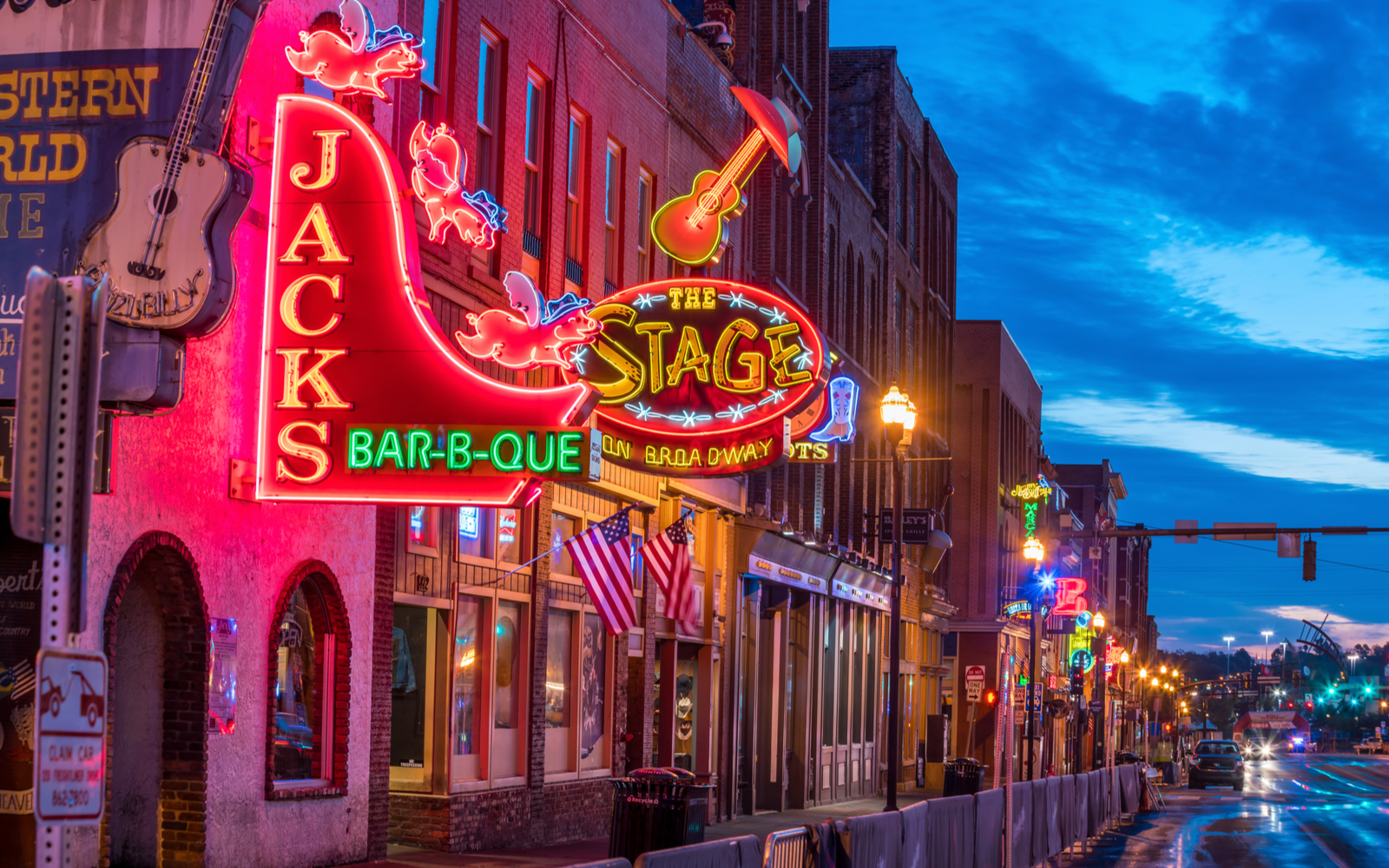 Night view of one of the best places to visit in Tennessee, Music Row in Nashville