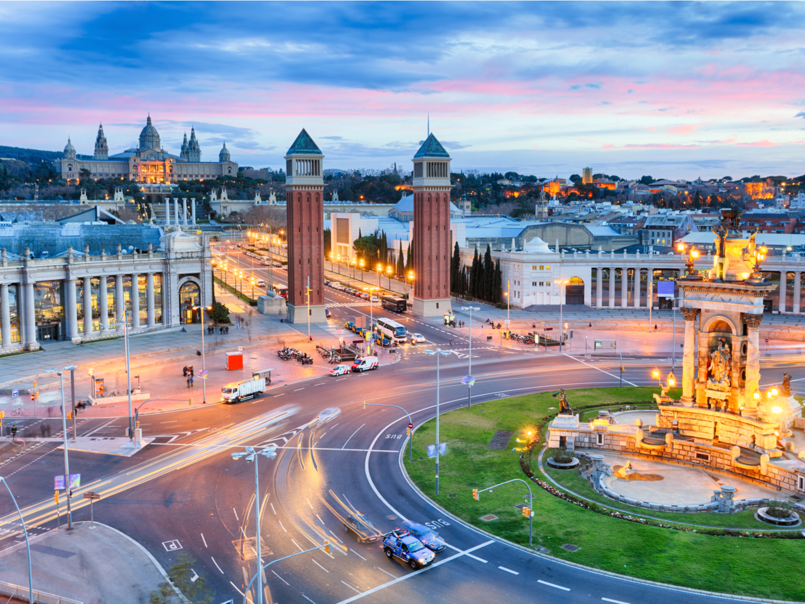Dusk view of Plaza De Espana for a piece on where to stay in Barcelona