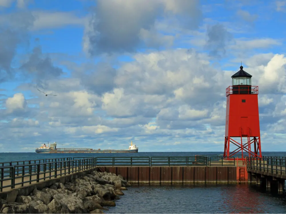Lighthouse on a dock in Charlevoix, one of Michigan's best places to visit