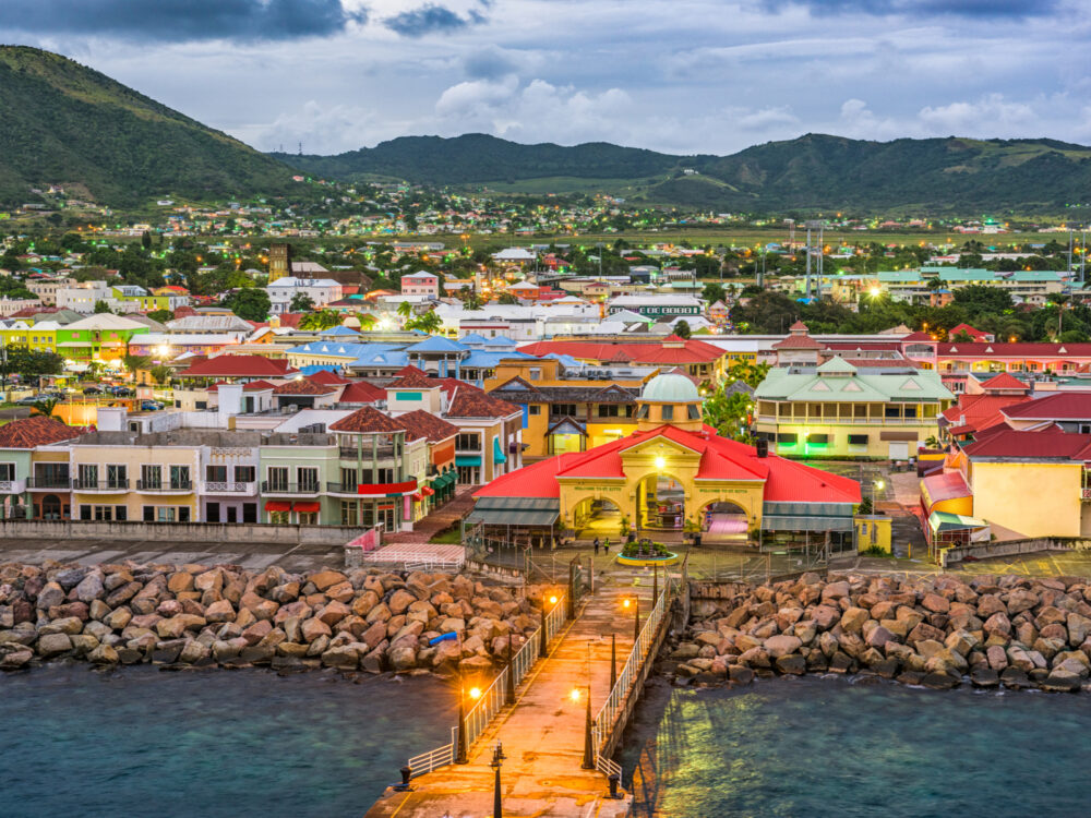 One of the safest Caribbean islands, St. Kitts and Nevis, pictured at the dock at dusk