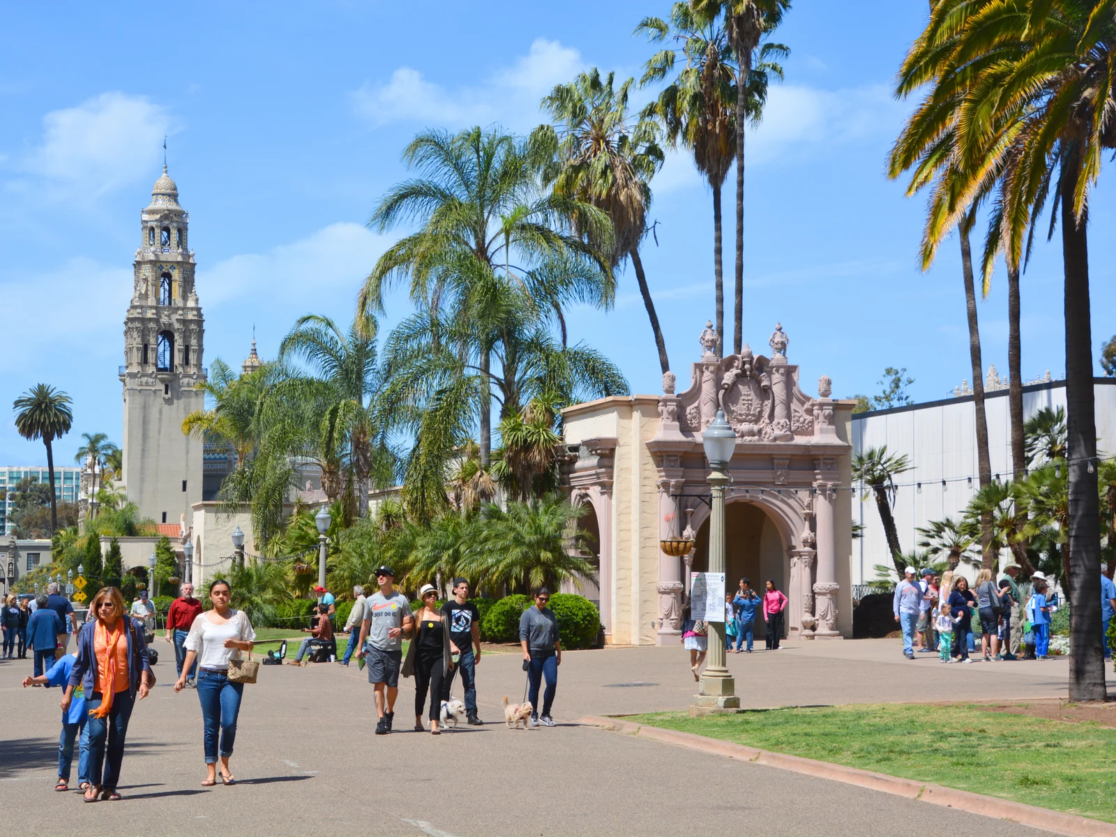 Balboa Park with tourists outside the walls for a post on where to stay in San Diego