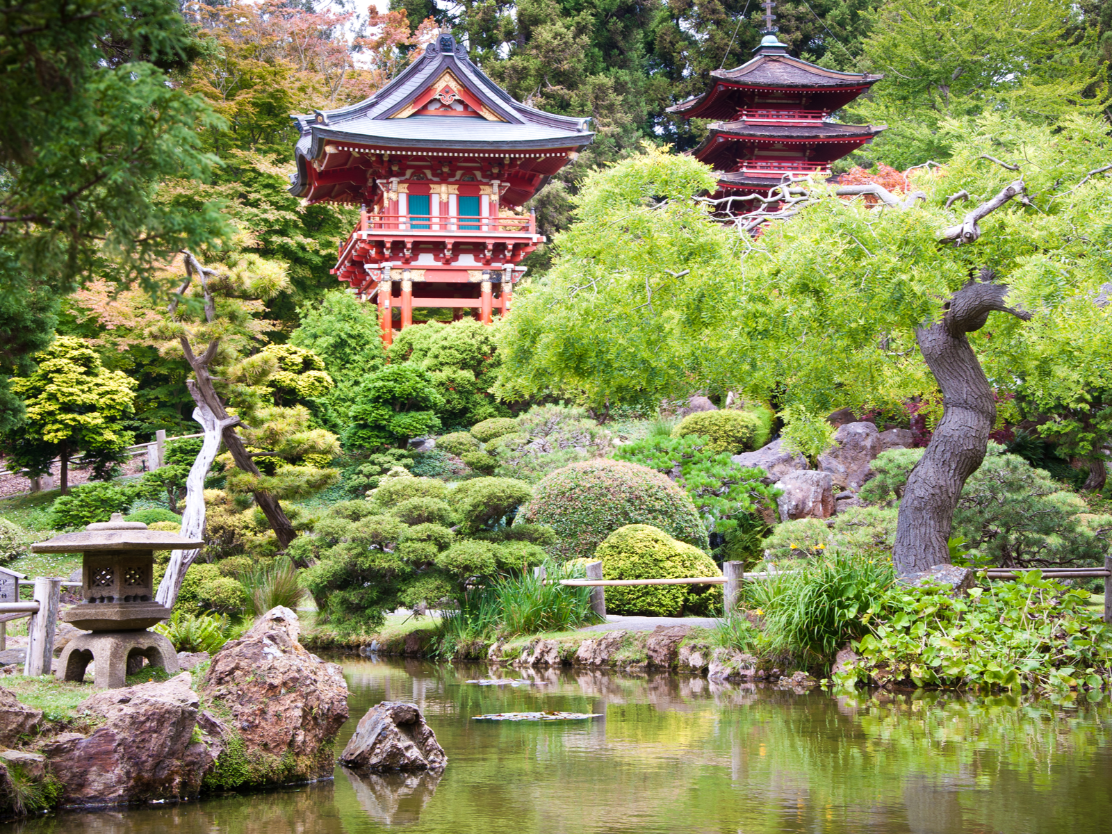 Two red Pagodas peaking over trees and bushes near the pond at The Japanese Tea Garden in Golden Gate Park, one of the best places to visit in San Francisco