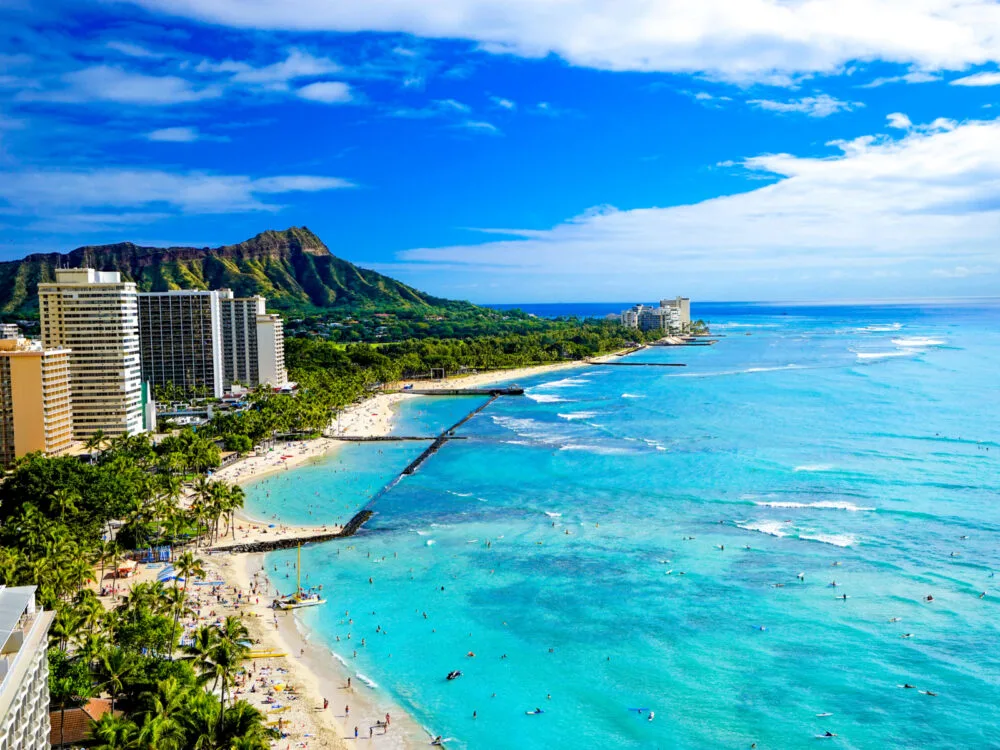 Waikiki, one of our top picks for where to stay on Oahu, viewed from the air