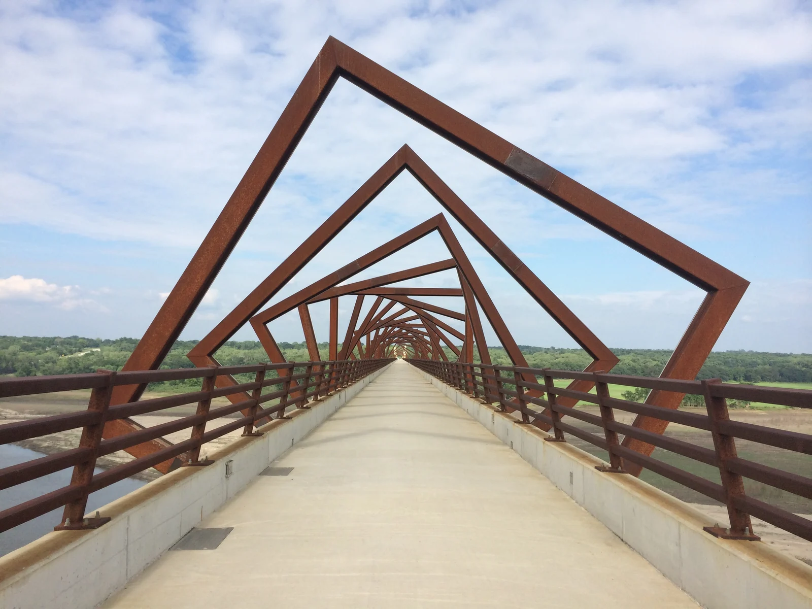 A one of a kind bridge, with meta squares rotated at an angle for every offset, at High Trestle Trail, a piece for what to see in Iowa