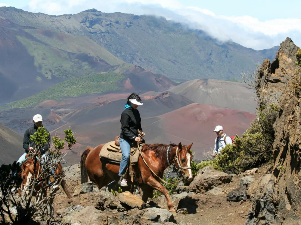 People riding horses on a rocky ledge for a piece on top things to do in Hawaii