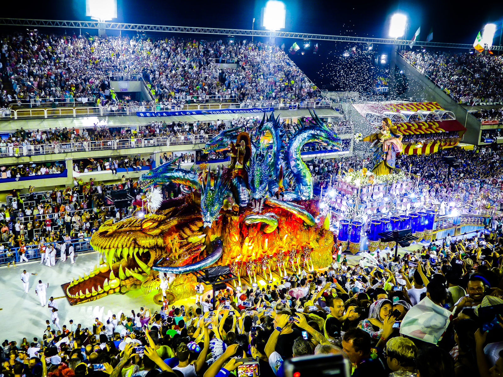Carnival in Rio during the best time to visit Brazil with lots of parade costumes and floats