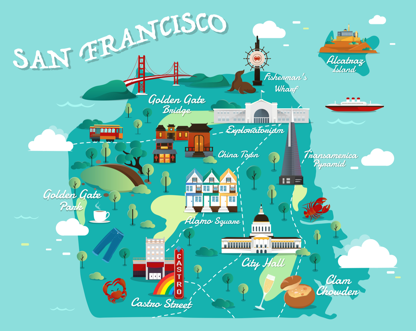 San Francisco map with vector graphics of the most popular attractions
