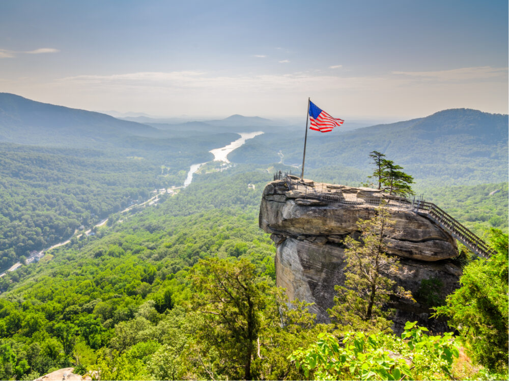 Overlook area in Chimney Rock State Park, one of North Carolina's best places to visit, seen on a hazy day