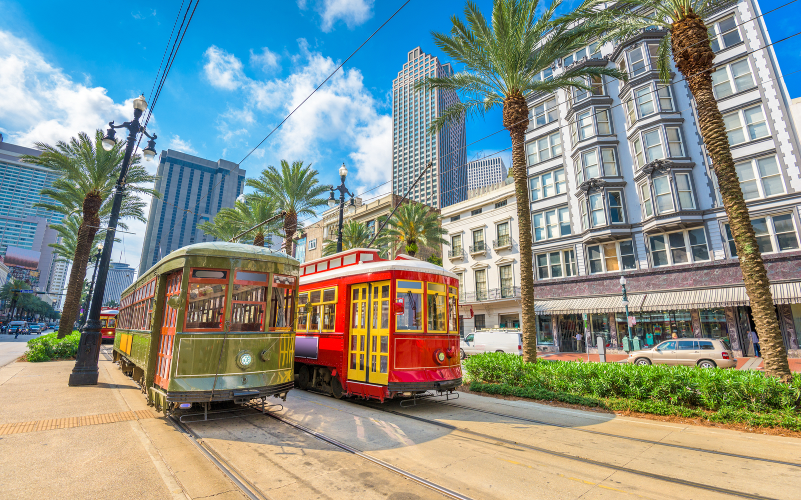 Cool view of the downtown area with streetcars for a piece on the best hotels in New Orleans