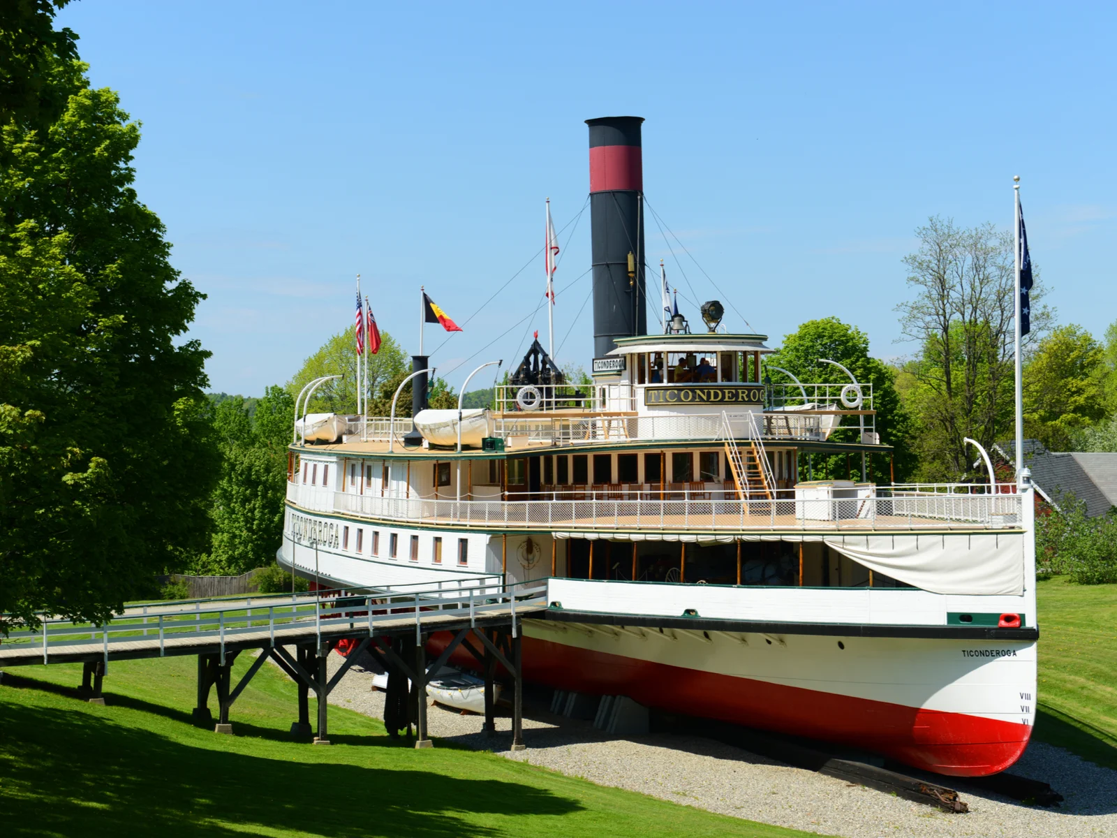 Old ferry boat at one of the best places to visit in Vermont, the Shelburne Museum, pictured on a sunny day