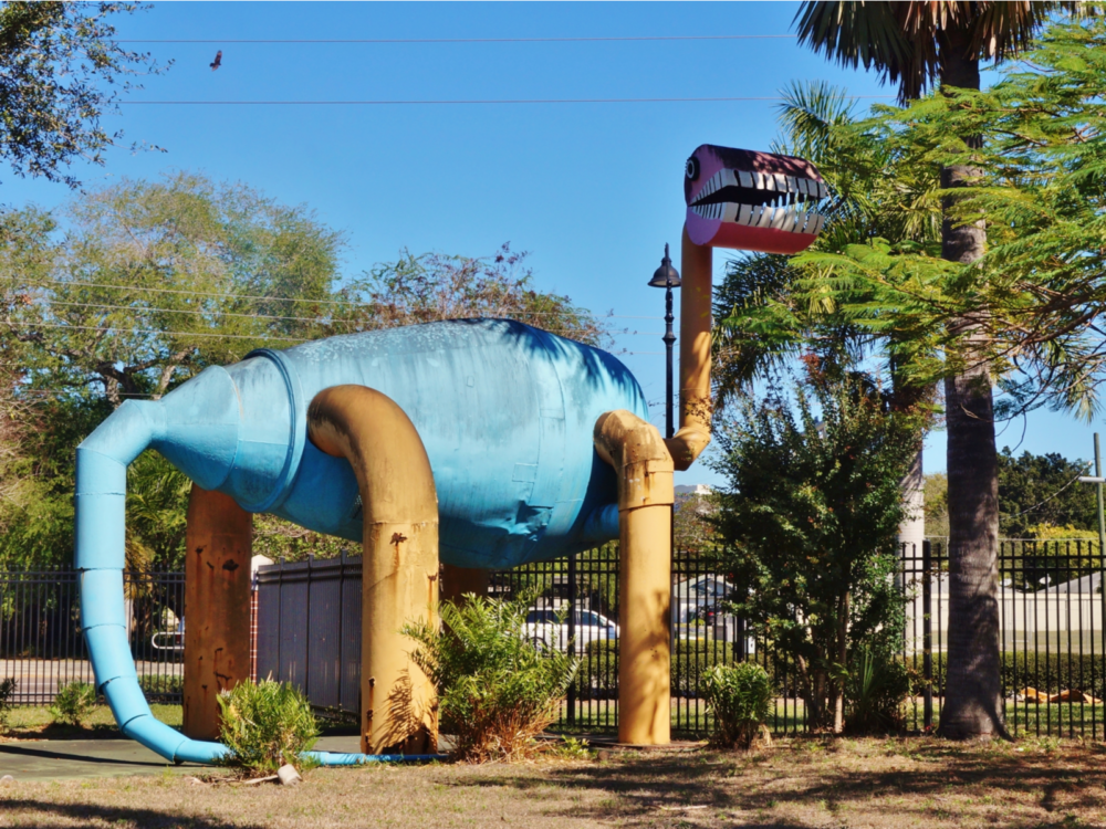 Blue dino outside the Imaginarium Hands-on Museum and Aquarium, one of the best things to do in South Florida