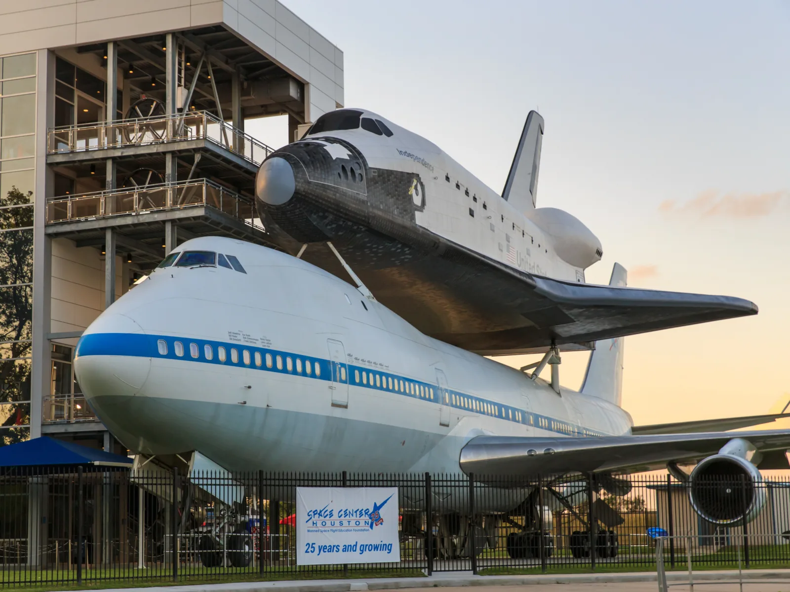Space Center in Houston pictured with the shuttle on the back of a 747