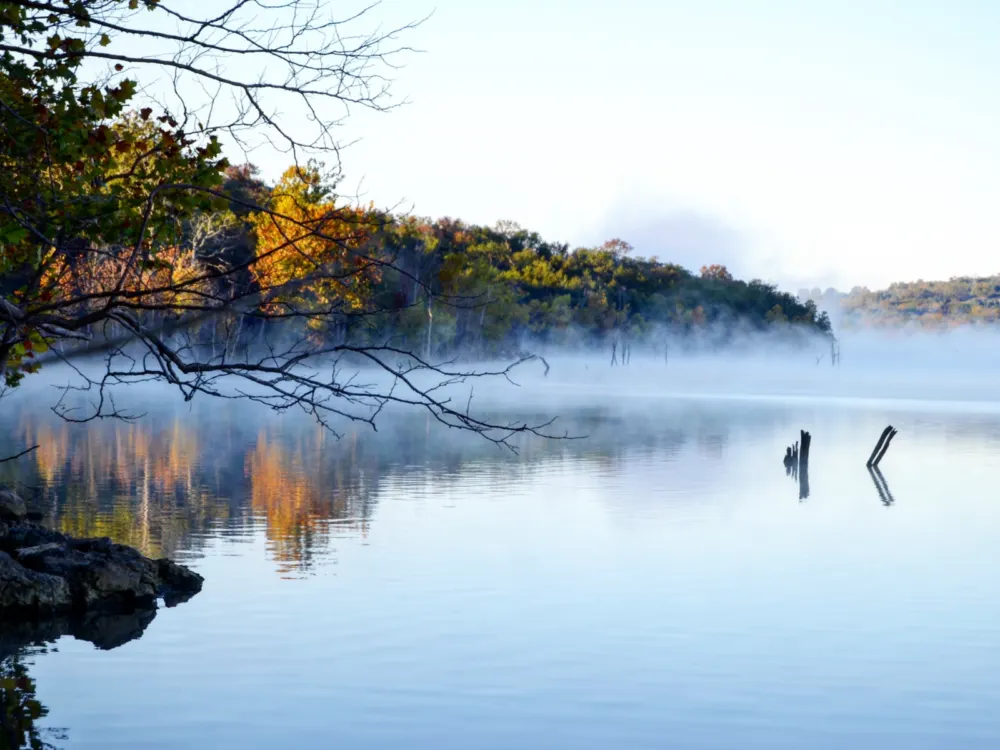 Trees during Autumn and morning mists reflected on still water on one of the best lakes in the U.S., Table Rock Lake in Missouri and Arkansas