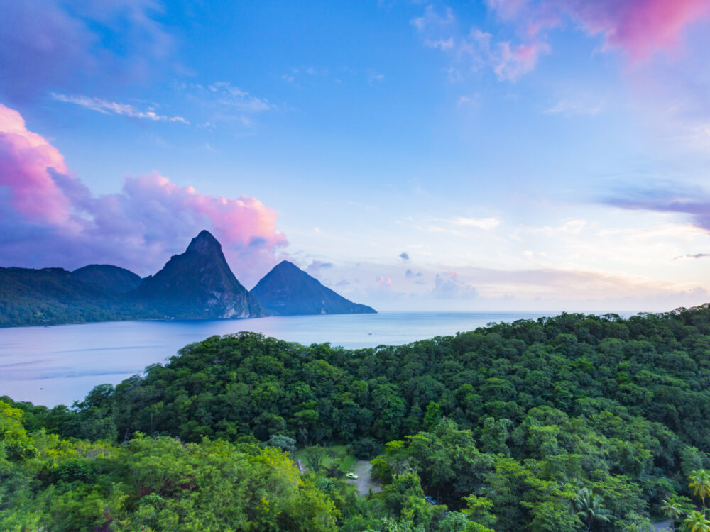 Pitons pictured from the Jade Mountain Resort during the best time to visit Saint Lucia