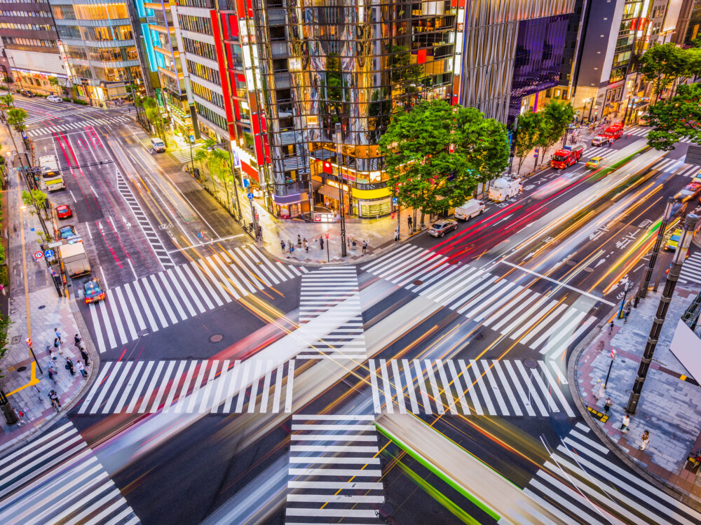 6-way crosswalk in the Ginza district, one of the best places to visit in Japan