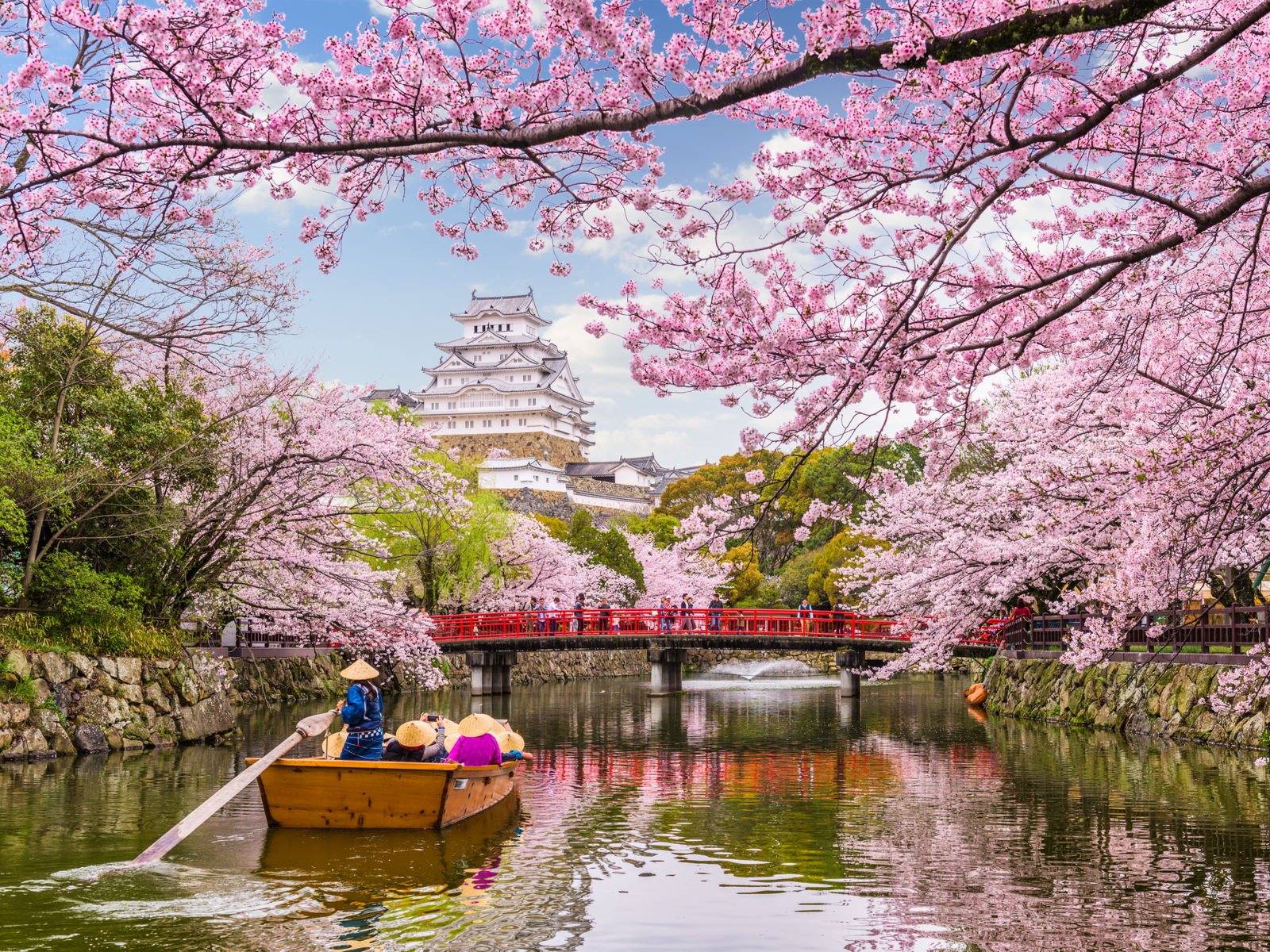 Gorgeous spring blooms on a lake in one of the best places to visit in Japan, Himeji Castle