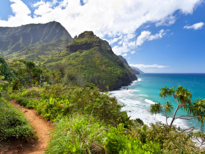 View of the Na Pali coast from a hiking trail on Kauai, one of the best Hawaiian Islands