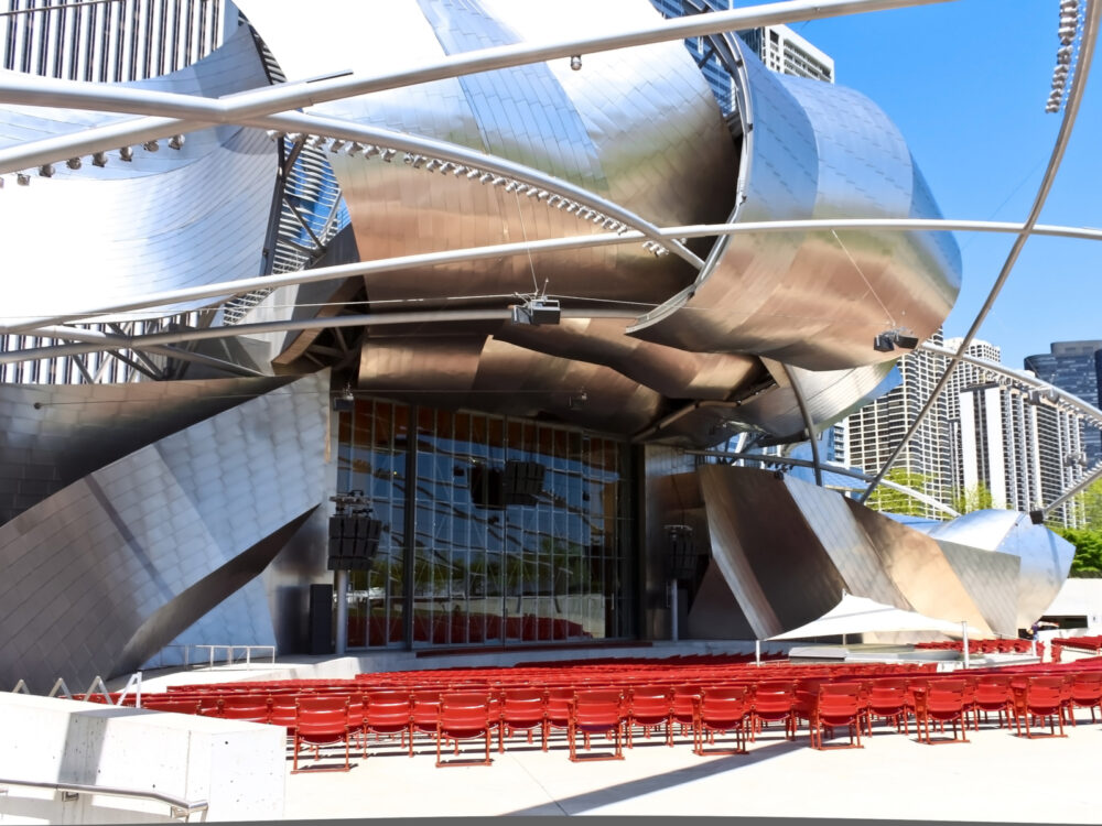 Jay Pritzker Pavilion, one of the best things to do in Chicago, pictured during a blue sky day