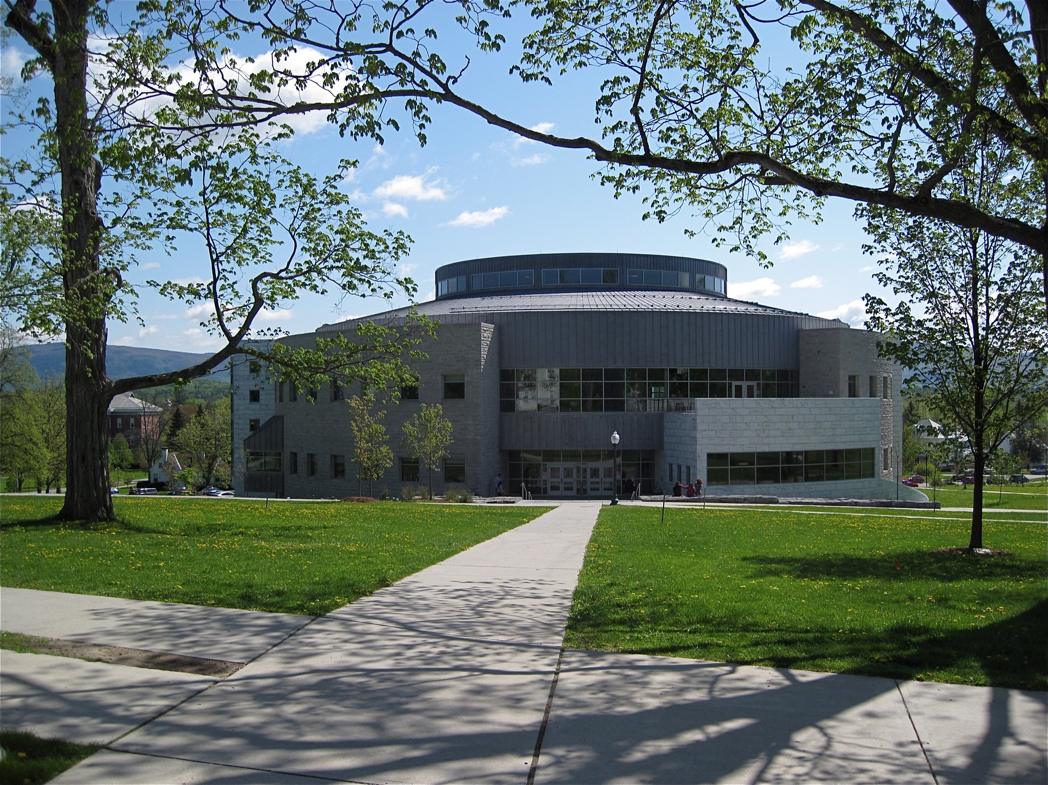 A fine structure at Middlebury College in Vermont, one of the most beautiful college campuses, circular in shape and surrounded by patterned pathways and green lawn