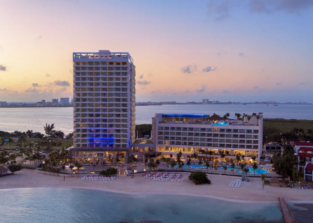Aerial view on the peaceful Breathless Cancun Soul Resort & Spa at dusk, one of the best all-inclusive resorts in Cancun for families