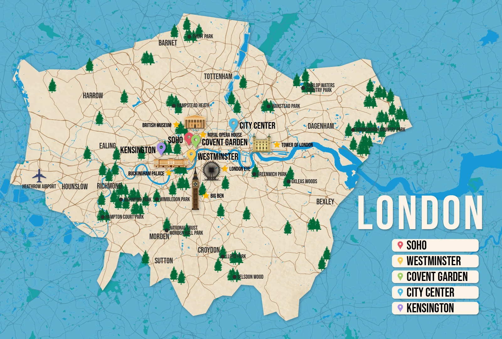 Vector map of London pictured with several of the best places to stay and attractions to visit