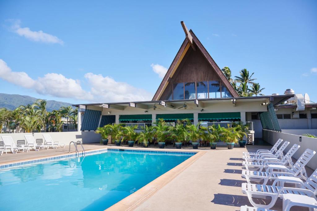 Maui Beach Hotel, one of the best hotels in Maui, featuring an a-frame structure overlooking the pool