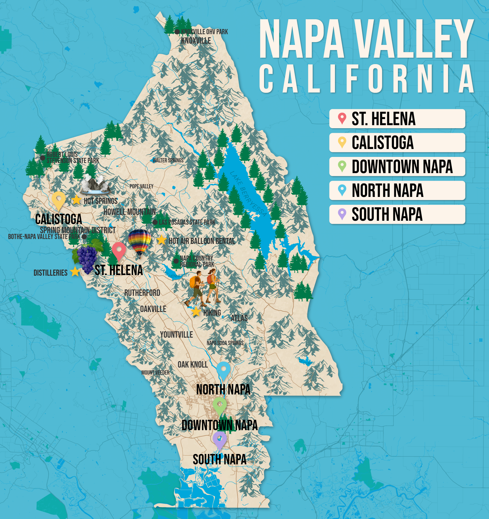 Vector map of Napa Valley pictured with several of the best places to stay and attractions to visit
