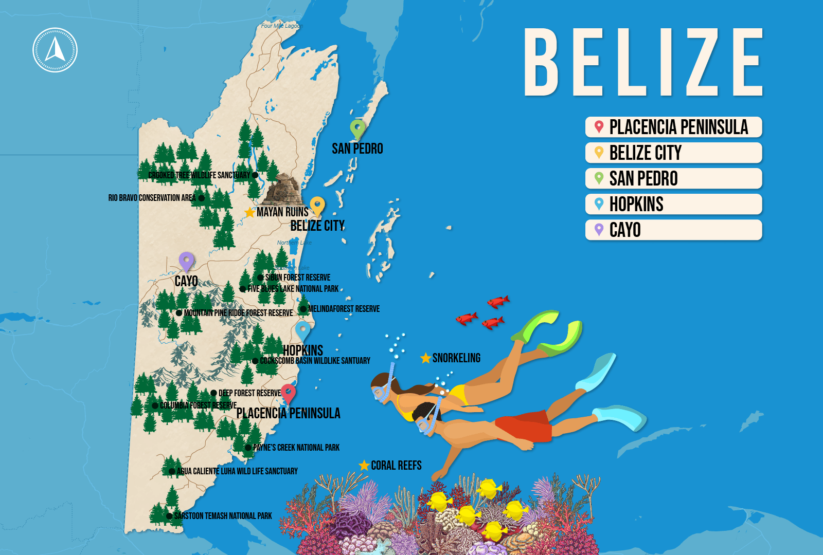 Vector map of the country of Belize, pictured with several of the best places to stay and attractions to visit