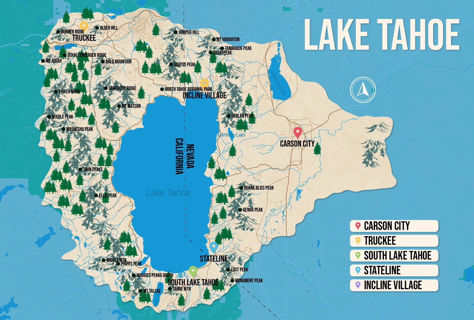 Vector map of Lake Tahoe, pictured with several of the best places to stay and attractions to visit