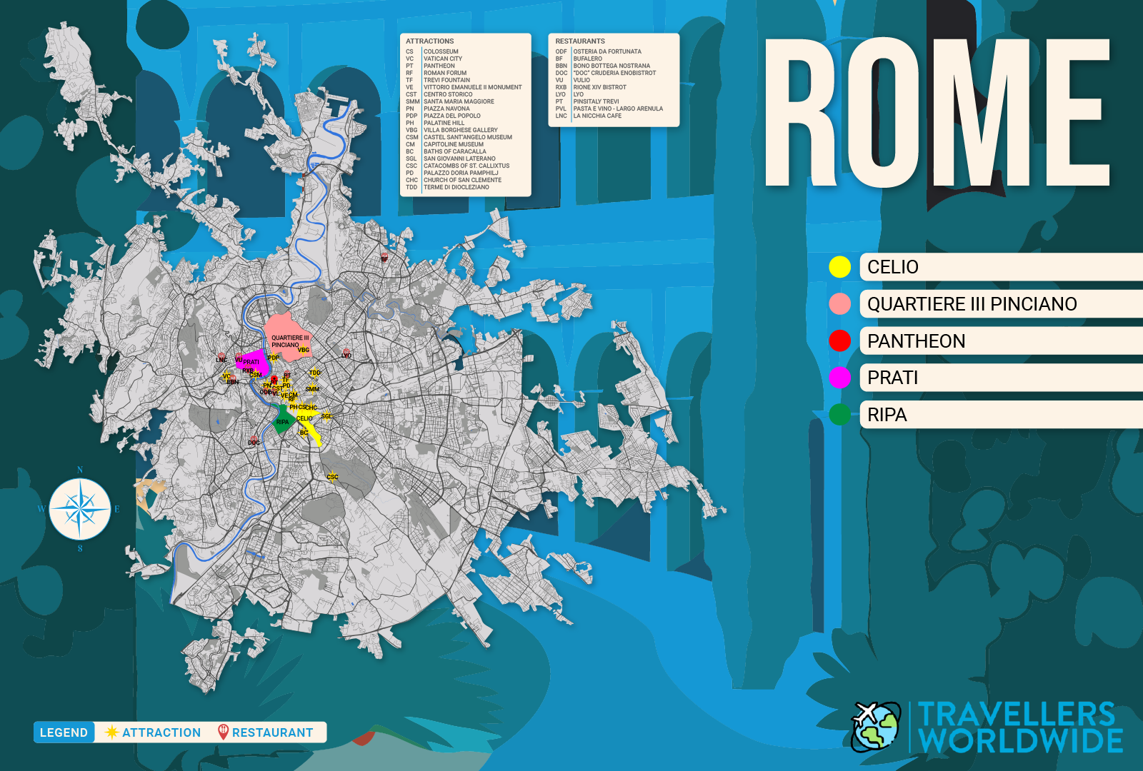 The 5 best areas of Rome and our top picks for where to stay when there put into a vector map
