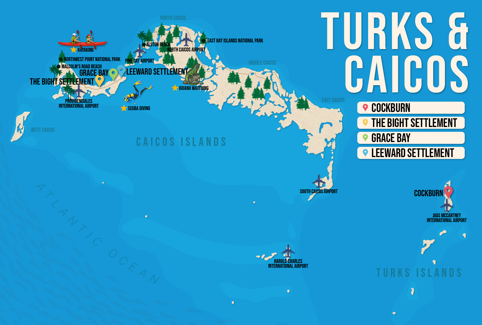 Vector map of Turks and Caicos, pictured with several of the best places to stay and attractions to visit