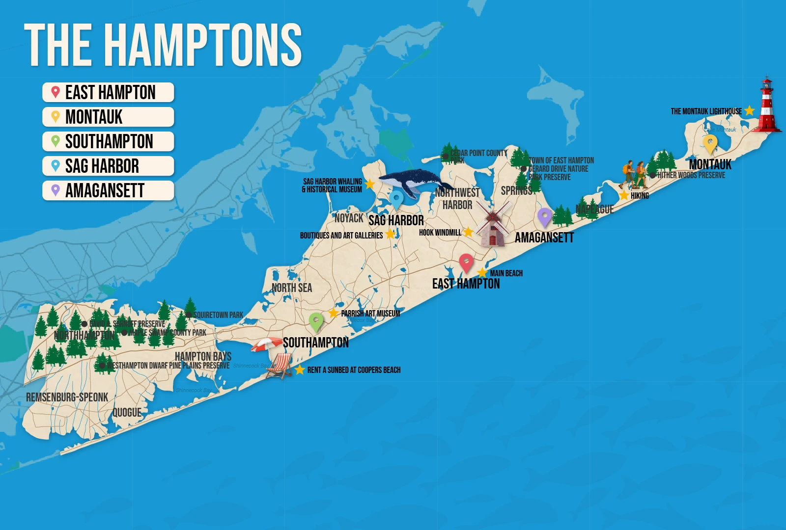 Vector map of the Hamptons pictured with several of the best places to stay and attractions to visit