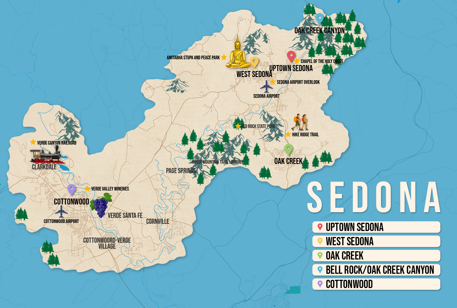 Vector map of Sedona pictured with several of the best places to stay and attractions to visit