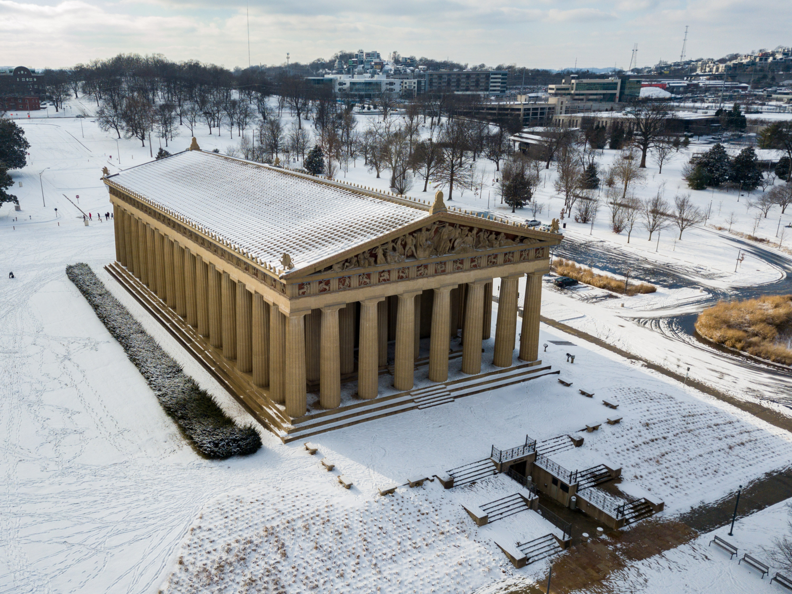 Parthenon pictured in an aerial shot during the worst time to visit Nashville, with snow on the ground