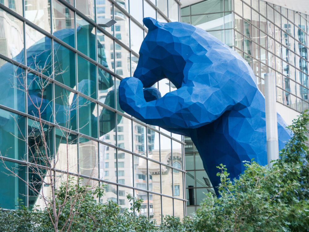 Giant blue bear looking into the window of the convention center for a piece titled Is Denver Safe