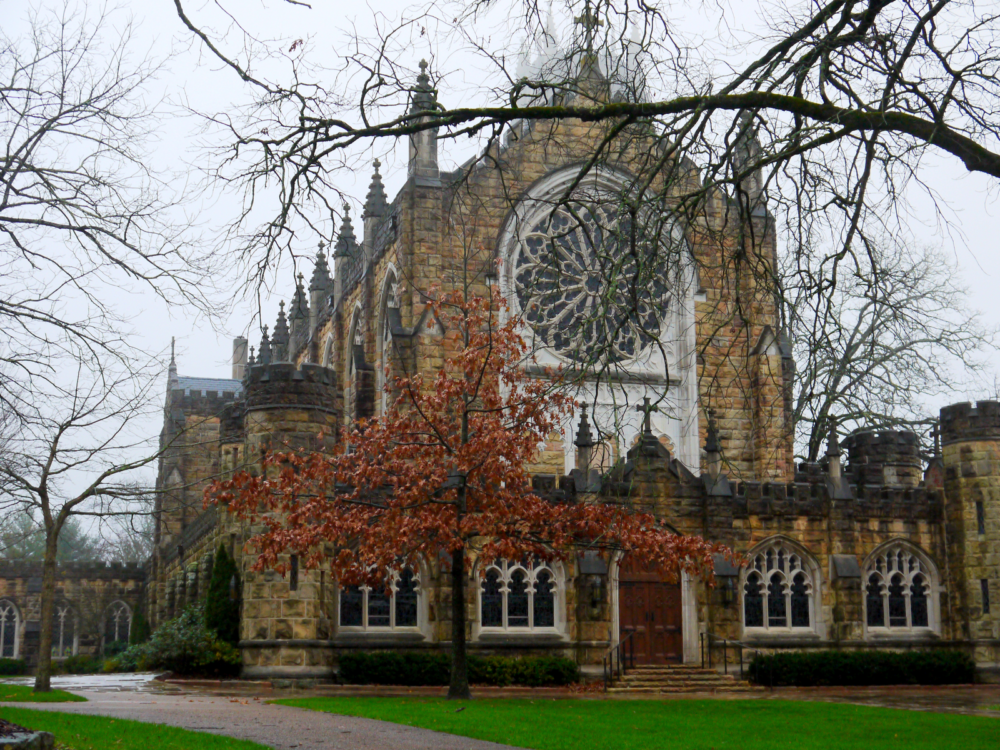 Gloomy day over the All Saints Chapel at Sewanee University in Tennessee during the late fall season, known as one of the most beautiful college campuses
