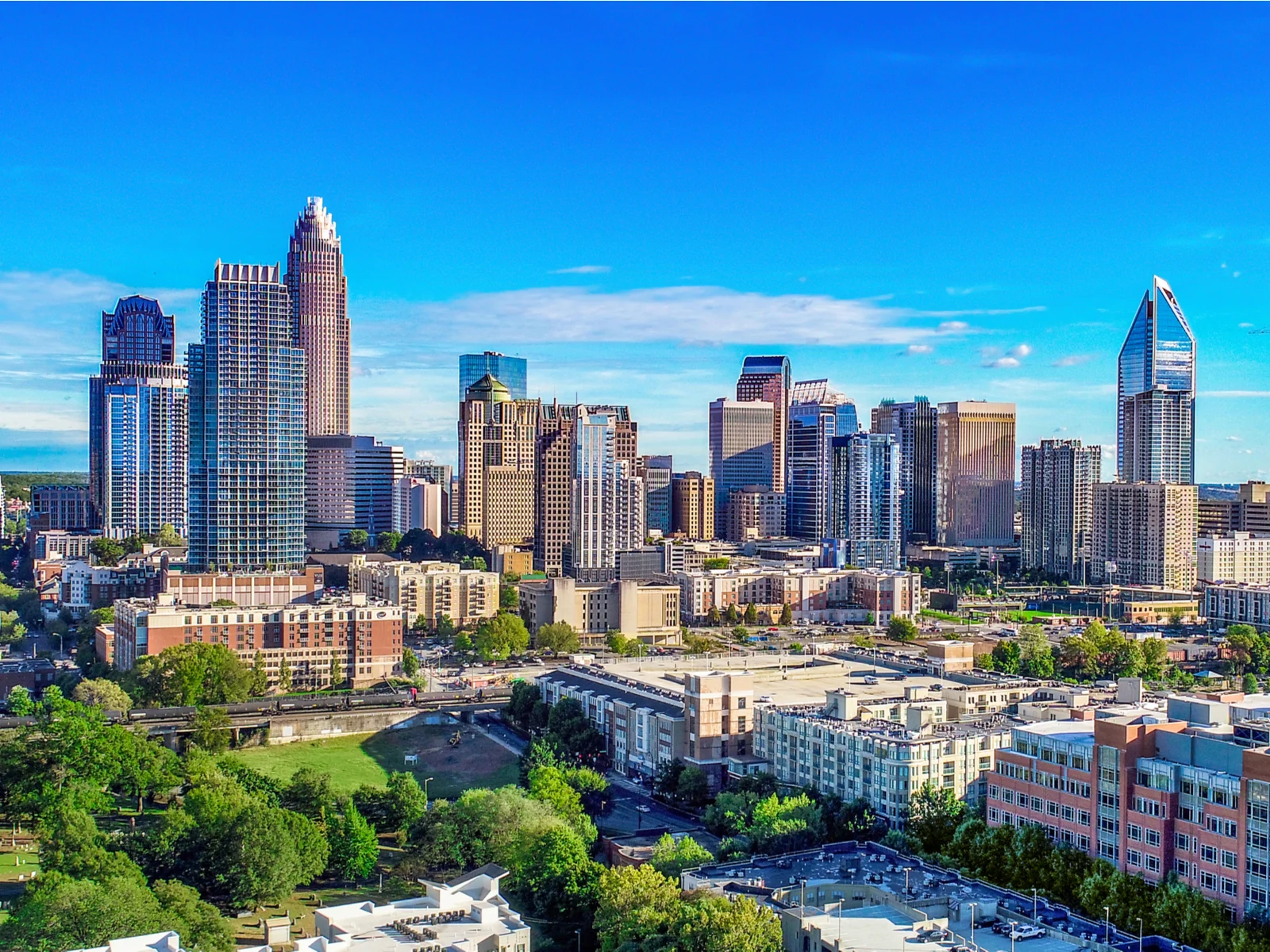 an aerial shot in a clear day showing the best things to do in charlotte, nc with its tall buildings and rich city