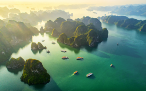 Aerial view of Halong Bay in Vietnam on a foggy day