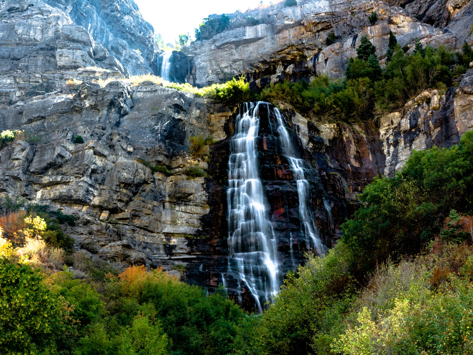Bridal Veil Falls, Utah, USA. 607-foot-tall double cataract waterfall in the south end of Provo Canyon pictured during the best time to visit Utah