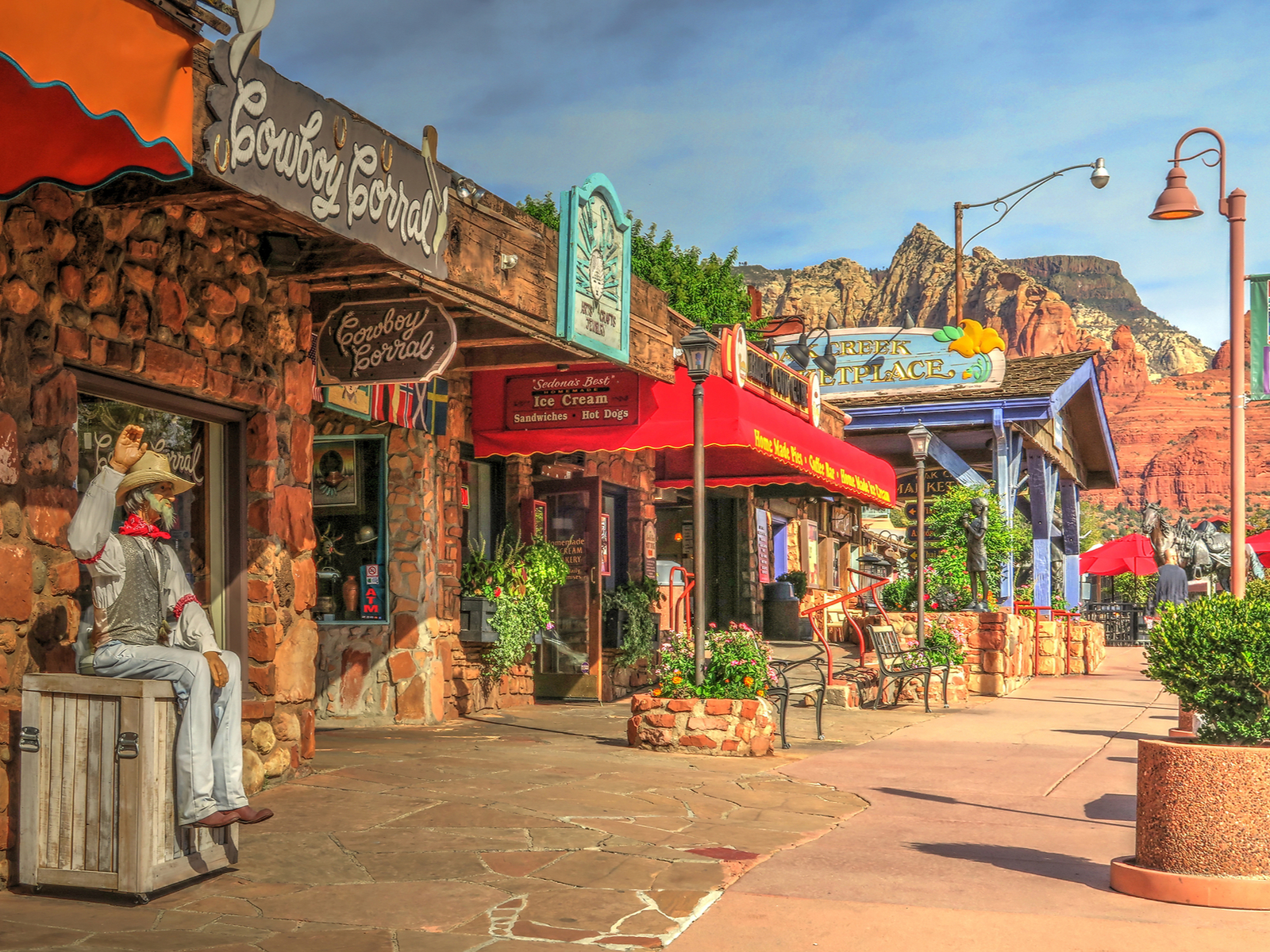 Downtown Sedona during the least busy time to visit with various old-time stores at the foot of the red rocks