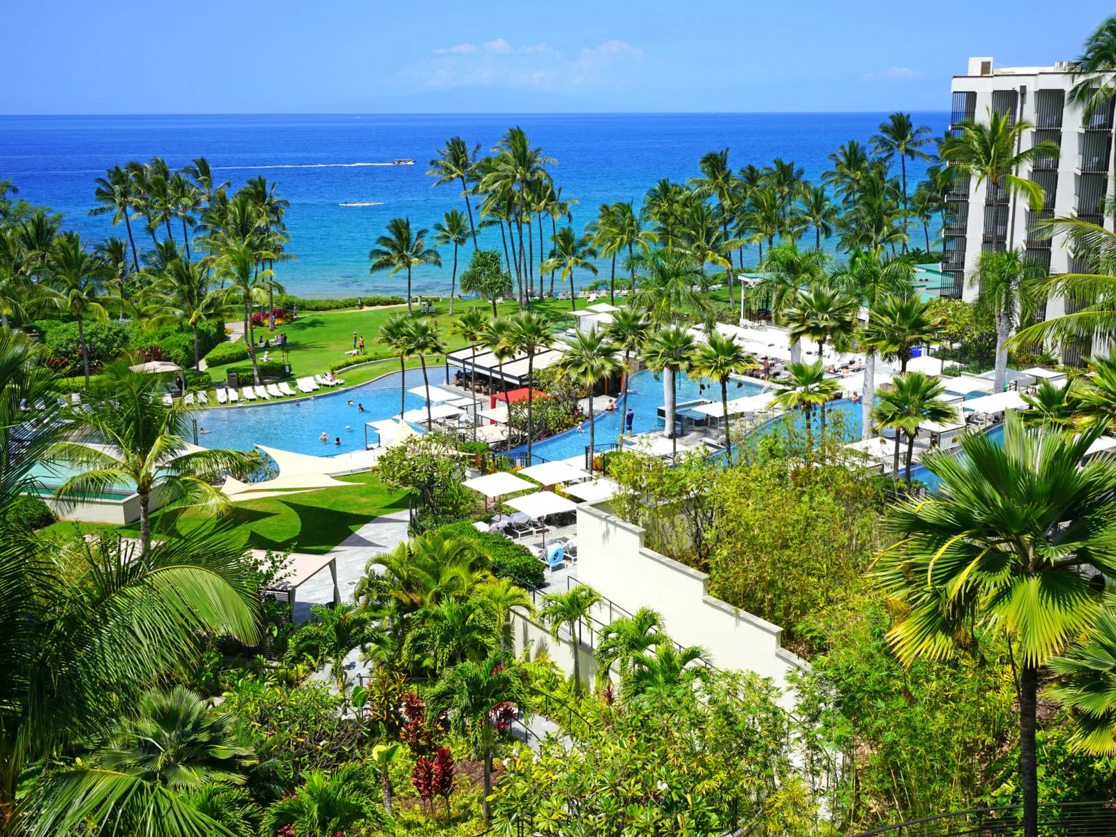 Aerial view on the beachfront pool area with many Coconuts of Andaz Maui, a luxury resort in the exclusive Wailea area and one of the best all-inclusive resorts in the U.S.